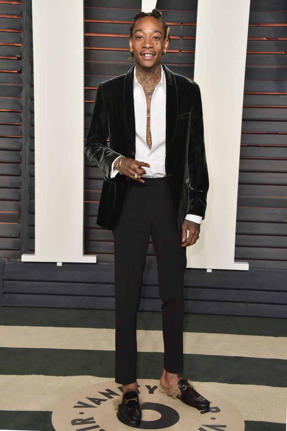 Wiz Khalifa wearing Gucci’s furry loafers at the Wallis Annenberg Center for the Performing Arts on February 28, 2016.