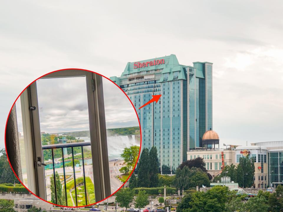 An arrow points to a room at Sheraaton Fallsview Hotel with a peak at the view