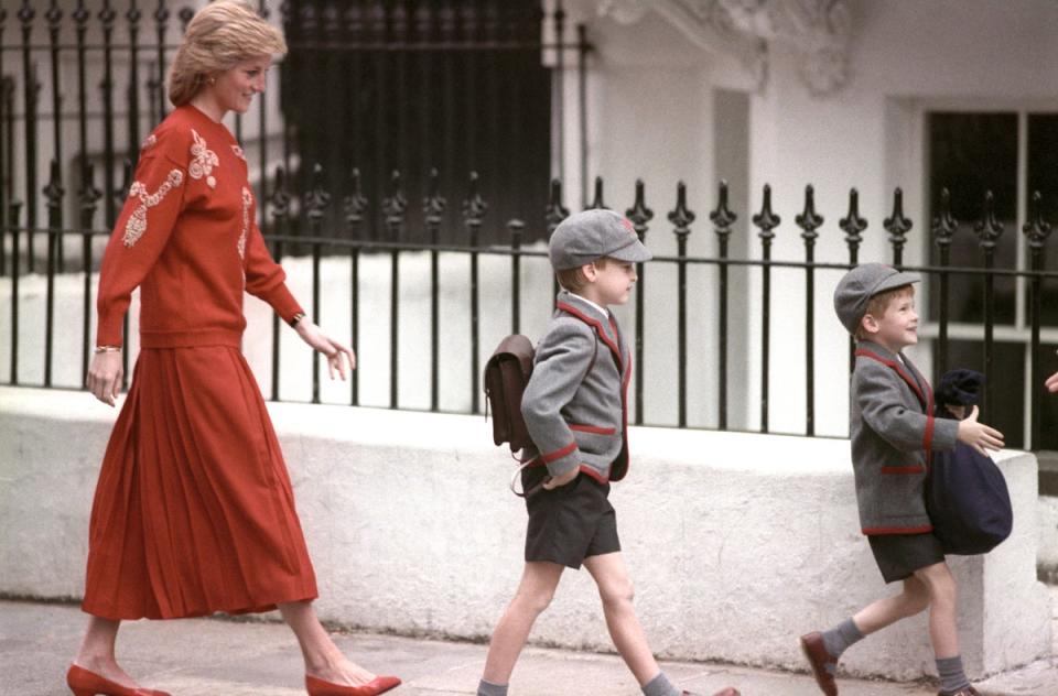 The Princess of Wales follows her sons, Princes Harry and William, on Harry’s first day at Wetherby School (Ron Bell/PA) (PA Archive)