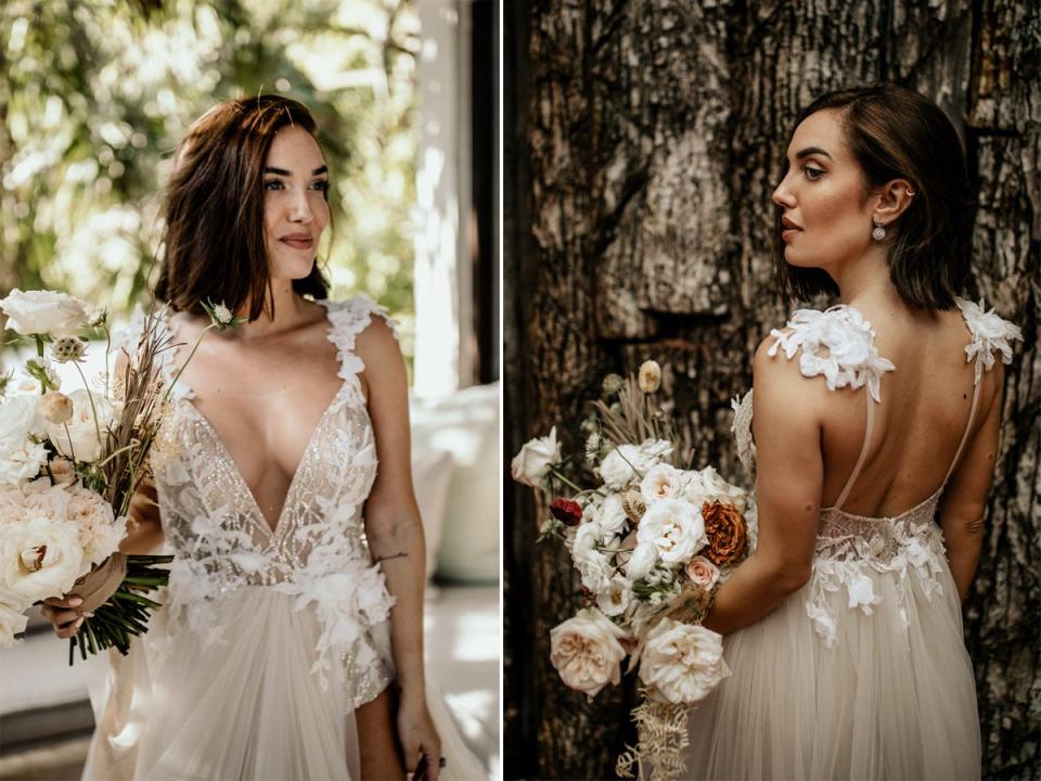 The front and back of the bodice of Thaina Bak's wedding dress