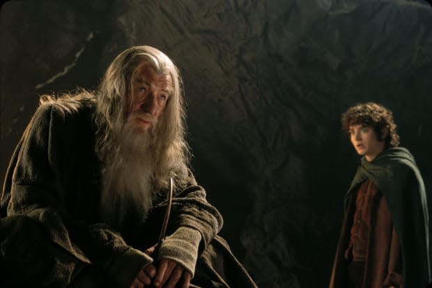 Sir Ian McKellen as Gandalf and Elijah Wood as Frodo in "The Lord of the Rings: The Fellowship of the Ring"<p>New Line</p>