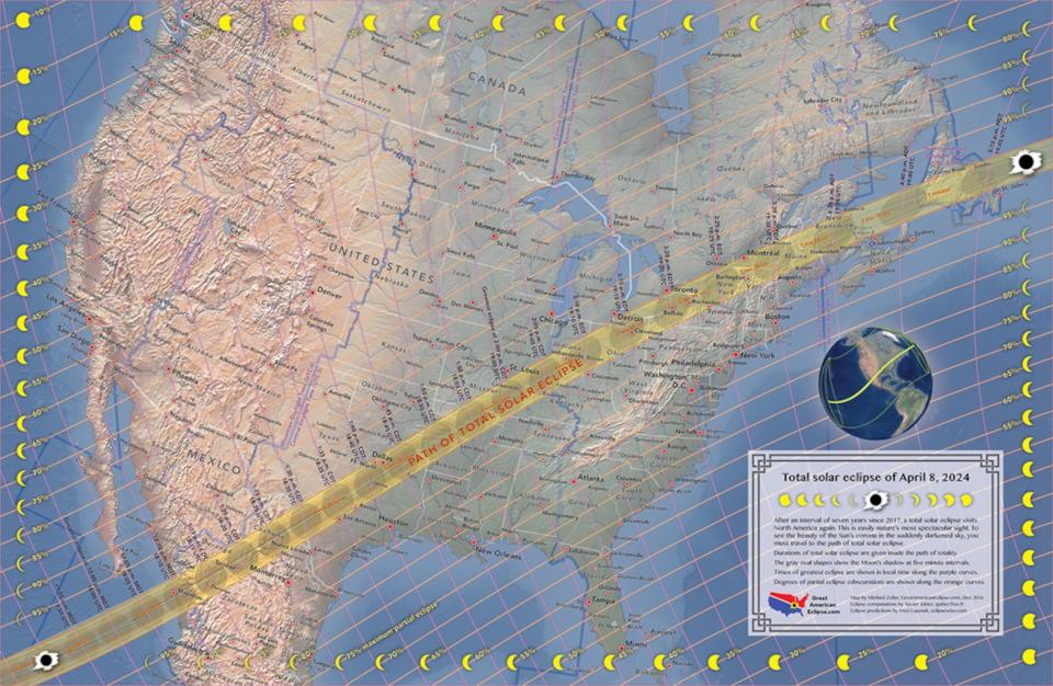 The next total solar eclipse to cross the United States will occur on April 8, 2024. This map by cartographer Michael Zeiler of GreatAmericanEclipse.com shows the path of the moon's shadow across the U.S. <cite>Michael Zeiler, GreatAmericanEclipse.com</cite>