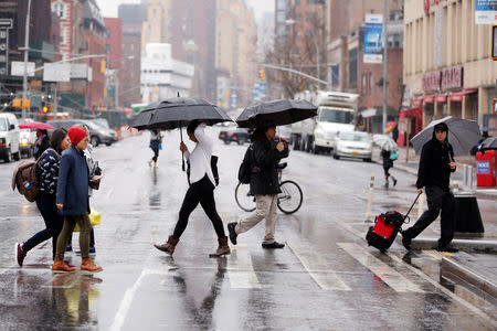 Pedestrians cross a street during a rain shower in New York, U.S., March 1, 2017. REUTERS/Lucas Jackson