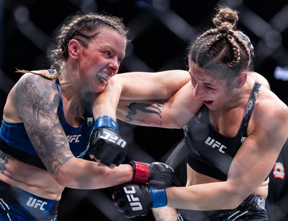Joanne Wood of Scottland fights against Maryna Moroz of Ukraine during their Women’s Flyweight title match during the UFC 299 event at the Kaseya Center on Saturday, March 9, 2024, in downtown Miami, Fla. MATIAS J. OCNER/mocner@miamiherald.com