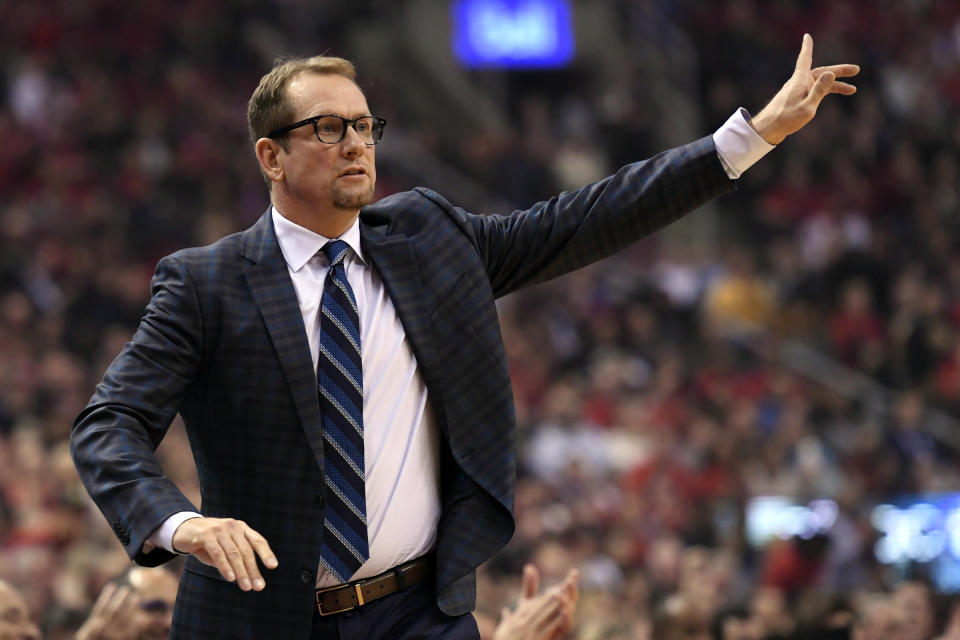 Toronto Raptors head coach Nick Nurse looks on as his team plays the Cleveland Cavaliers in first half of an NBA basketball game, Wednesday, Oct. 17, 2018, in Toronto. (Nathan Denette/The Canadian Press via AP)