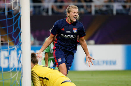 Soccer Football - Women's Champions League Final - Olympique Lyonnais vs VfL Wolfsburg - Valeriy Lobanovskyi Stadium, Kiev, Ukraine - May 24, 2018 Lyon’s Ada Hegerberg celebrates scoring their third goal REUTERS/Gleb Garanich