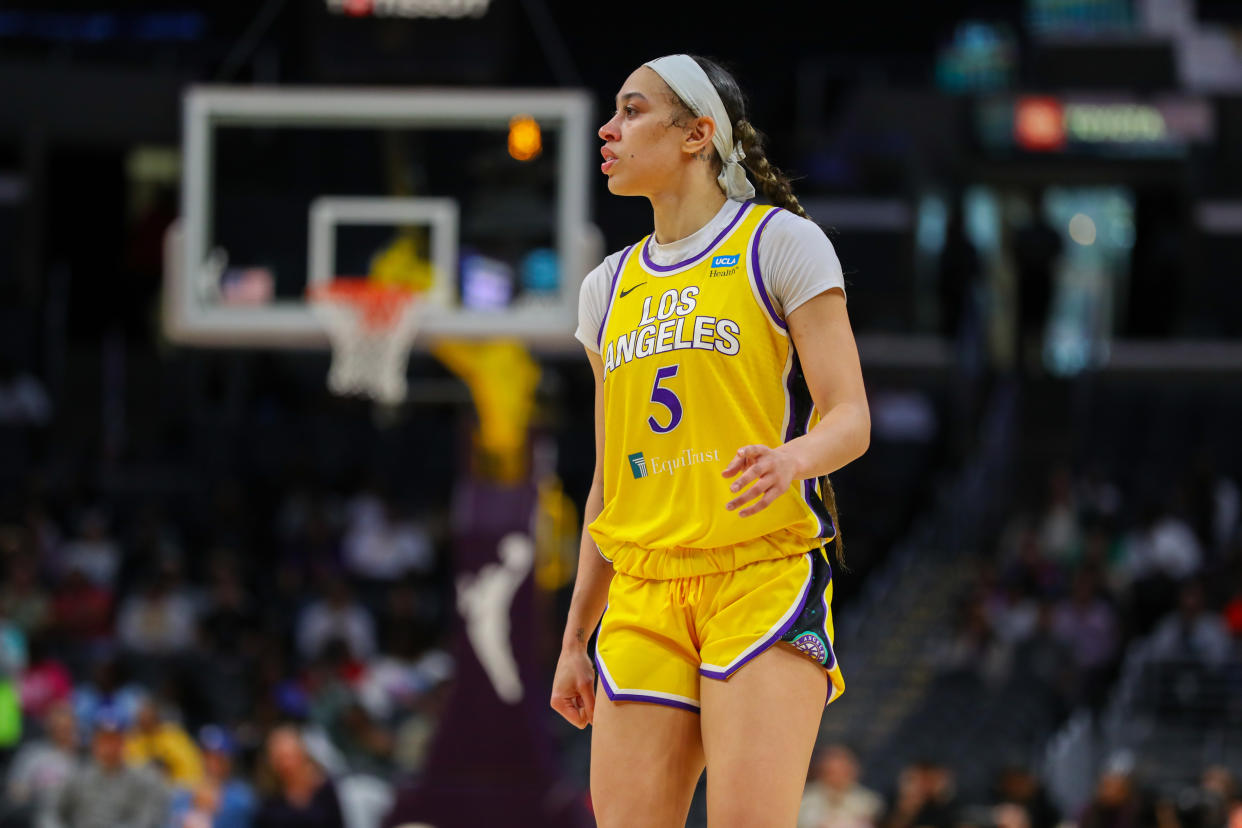 LOS ANGELES, CA - MAY 26: Los Angeles Sparks forward Dearica Hamby (5) runs down the court during the WNBA basketball game between the Dallas Wings and the Los Angeles Sparks on May 26, 2024, at Crypto.com Arena in Los Angeles, CA.(Photo by Jordon Kelly/Icon Sportswire via Getty Images)