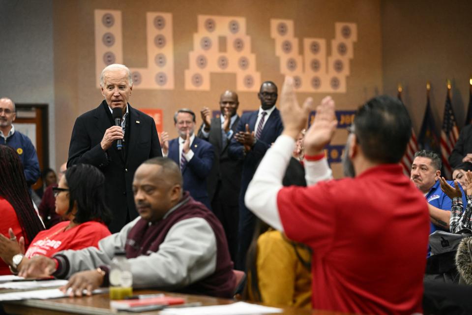 President Joe Biden speaks to members of the United Auto Workers in Warren, Michigan, on February 1, 2024 // Credit: Getty