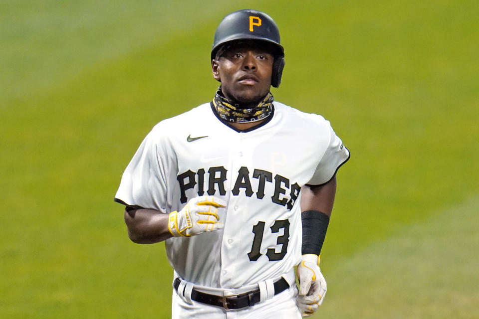 Pittsburgh Pirates' Ke'Bryan Hayes rounds third base after hitting a solo home run off Chicago Cubs starting pitcher Kyle Hendricks during the first inning of a baseball game in Pittsburgh, Wednesday, Sept. 23, 2020. (AP Photo/Gene J. Puskar)