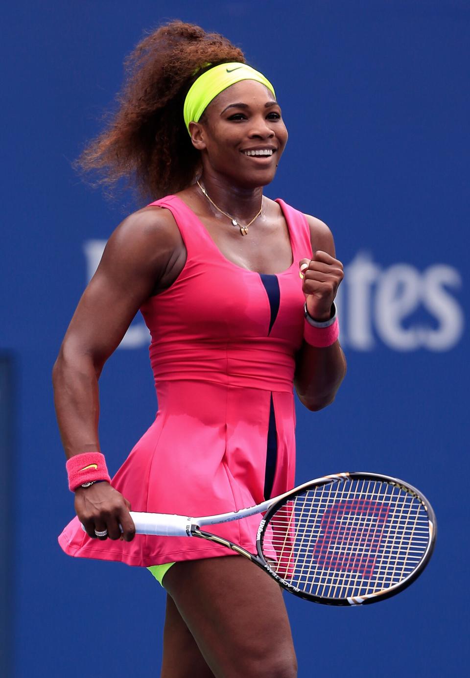 Serena Williams of the United States reacts after defeating Andrea Hlavackova of Czech Republic during their women's singles fourth round match on Day Eight of the 2012 U.S. Open at the USTA Billie Jean King National Tennis Center on September 3, 2012 in the Flushing neighborhood, of the Queens borough of New York City