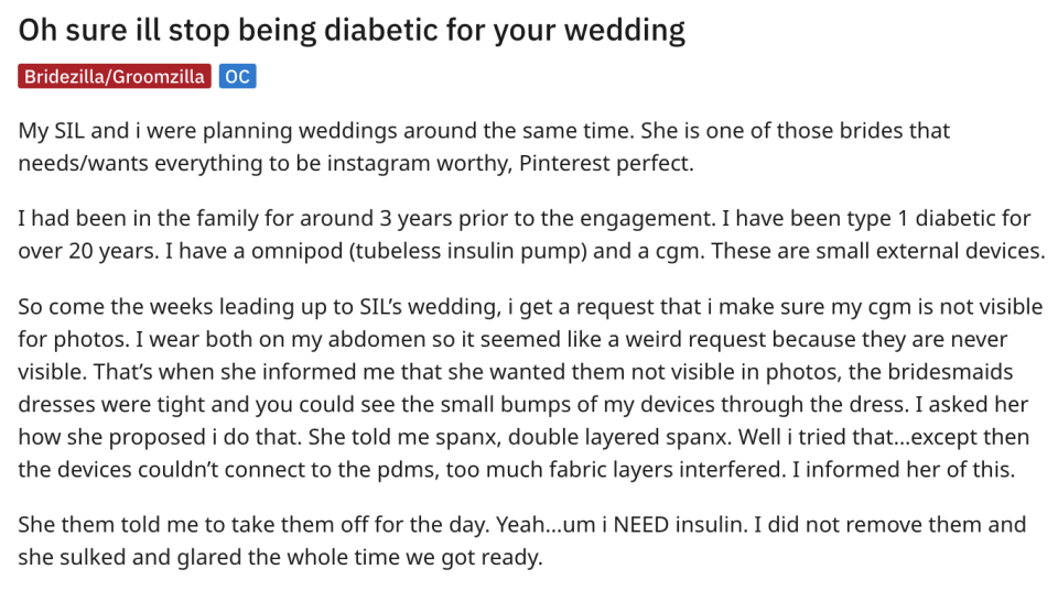 oh sure i'll stop being diabetic for your wedding