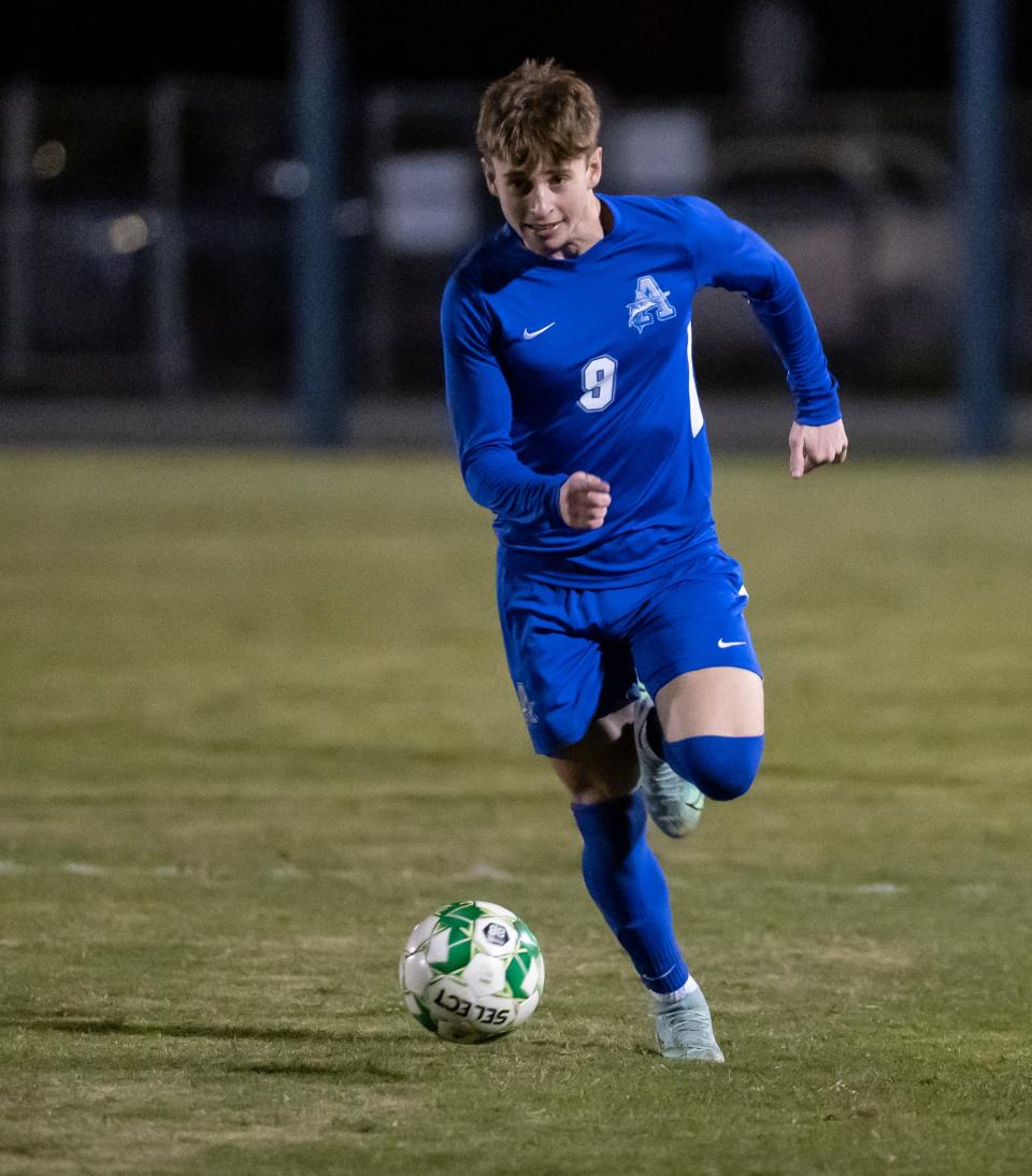 Marlin senior Braden Masker chases down the ball. Arnold High School hosted Mosley in boys soccer Thursday, January 13, 2022.