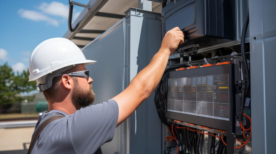 A technician adjusting a complex solar inverter system in a commercial setting.