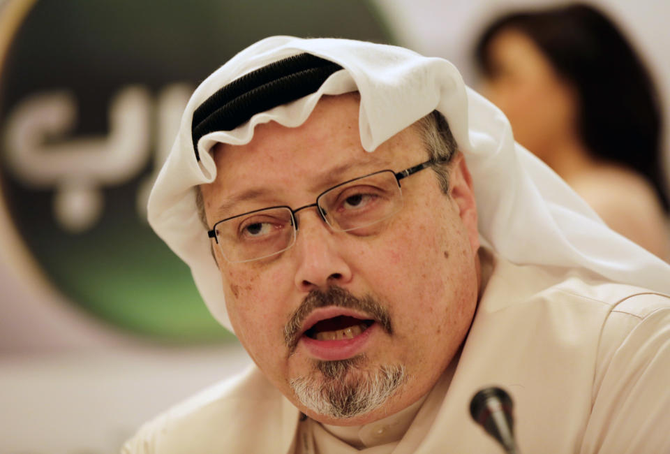 FILE - In this Feb. 1, 2015, file photo, Saudi journalist Jamal Khashoggi speaks during a press conference in Manama, Bahrain. The Washington Post said Wednesday, Oct. 3, 2018, it was concerned for the safety of Khashoggi, a columnist for the newspaper, after he apparently went missing after going to the Saudi Consulate in Istanbul. (AP Photo/Hasan Jamali, File)