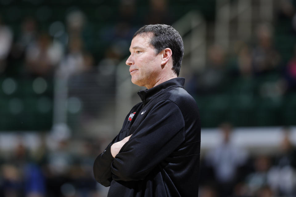 Ohio State coach Kevin McGuff watches during the second half of an NCAA college basketball game against Michigan State, Sunday, Feb. 11, 2024, in East Lansing, Mich. Ohio State won 86-71. (AP Photo/Al Goldis)