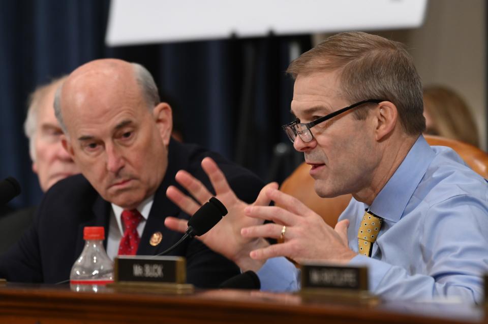 Rep. Louie Gohmert, R-Texas, left listens as Rep. Jim Jordan, R-Ohio speaks during the House Judiciary Committee markup of H.Res. 755, Articles of Impeachment Against President Donald J. Trump in Washington, DC on Dec. 12, 2019. 