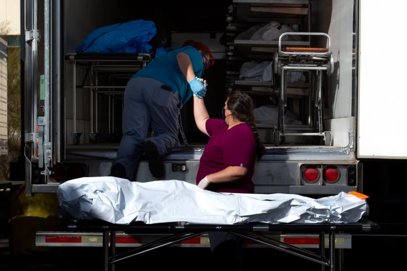 TUCSON, AZ - JANUARY 14: Employees prepare to move a body into a refrigerated semi-truck at the Pima County Office of the Medical Examiner on January 14, 2021 in Tucson, Arizona. After reaching capacity amid the COVID-19 pandemic, two refrigerated semi-trucks arrived at the Pima County Office of the Medical Examiner for extra storage. (Photo by Courtney Pedroza/Getty Images)