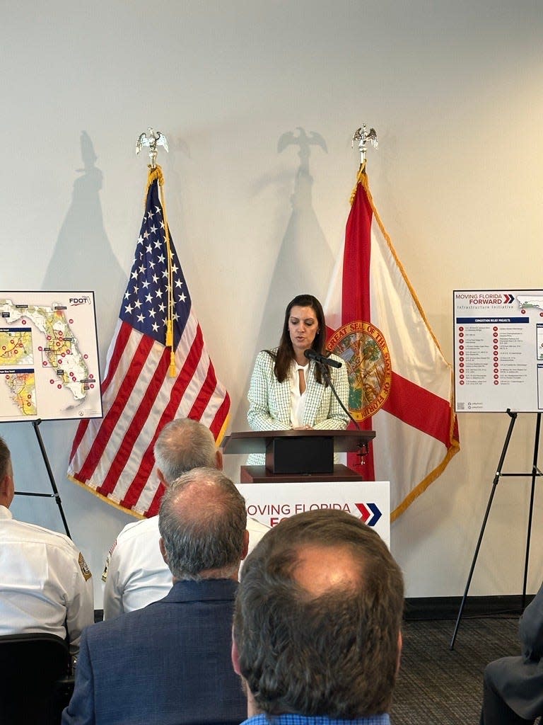Lieutenant Gov. Jeanette Nuñez holds a news conference announcing the timelines of various "Moving Florida Forward" road projects on Sept. 25, 2023.