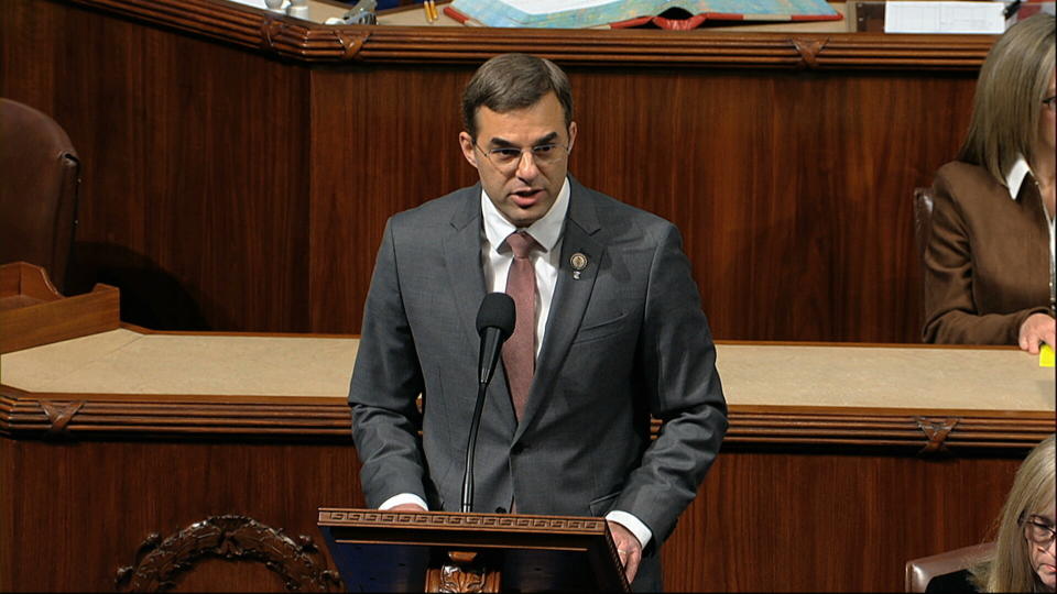 Rep. Justin Amash (I-Mich.) speaks Wednesday as the U.S. House debates the articles of impeachment against President Donald Trump at the Capitol.&nbsp; (Photo: House Television/ASSOCIATED PRESS)