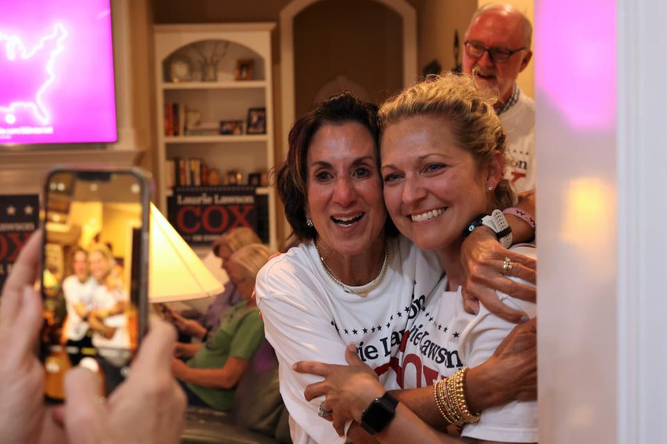 Laurie Cox, who won the Leon County School Board District 4 seat, poses for a photo with a friend at Cox's house on Election Day, Nov. 8, 2022.