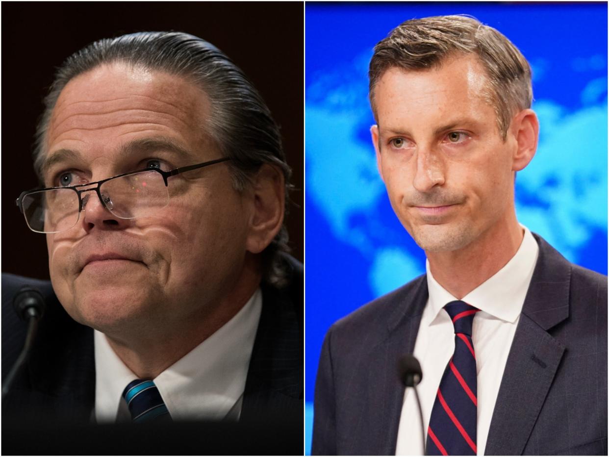 State Department spokesperson Ned Price (right) slammed former Haiti Special Envoy Daniel Foote (left) for lying in his resignation letter (Getty / AFP)