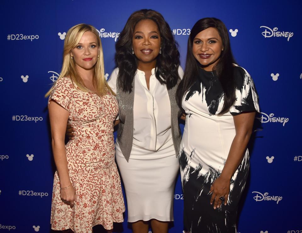<p>Reese Witherspoon (Mrs. Whatsit), Oprah Winfrey (Mrs. Which), and Mindy Kaling (Mrs. Who) pose backstage. (Photo: Getty Images for Disney) </p>