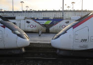 High-speed trains are pictured at Gare du Nord train station in Paris, Wednesday, Dec. 18, 2019. With French President Emmanuel Macron under heavy pressure over his pension reform plans, government officials are meeting with employers and unions on Wednesday to consider the way forward. (AP Photo/Michel Euler)