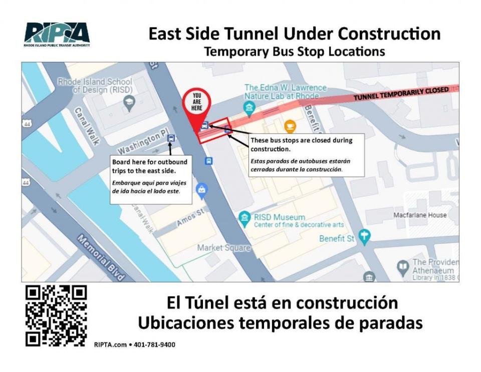 This map shows where the temporary bus stop is on North Main Street, starting March 25.