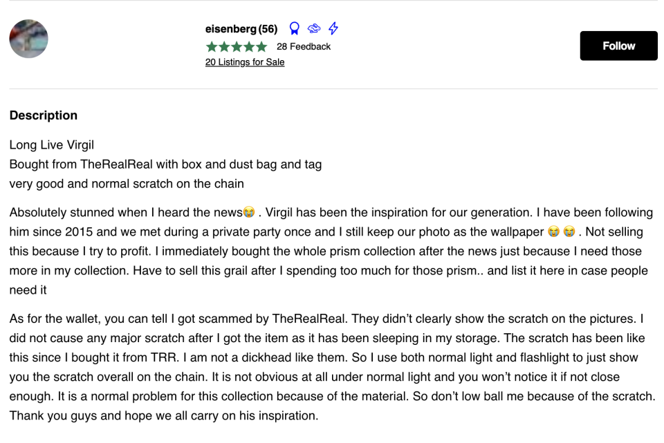 A Grailed seller pays tribute to Abloh in his listing. - Credit: Screenshot