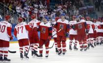 Ice Hockey - Pyeongchang 2018 Winter Olympics - Men Semifinal Match - Czech Republic v Olympic Athletes from Russia - Gangneung Hockey Centre, Gangneung, South Korea - February 23, 2018 - Players of Czech Republic and Olympic Athletes from Russia interact after the game. REUTERS/Brian Snyder