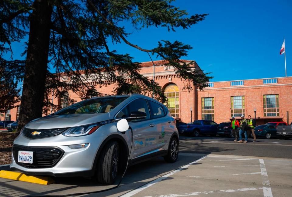 One of ZipCar’s Chevy Bolt electric vehicles charges at Sacramento Valley Station in January. The company offers a small fleet of commercial car-sharing vehicles in Sacramento, and also operates the city’s existing carshare program focused on disadvantaged communities. Nathaniel Levine/nlevine@sacbee.com