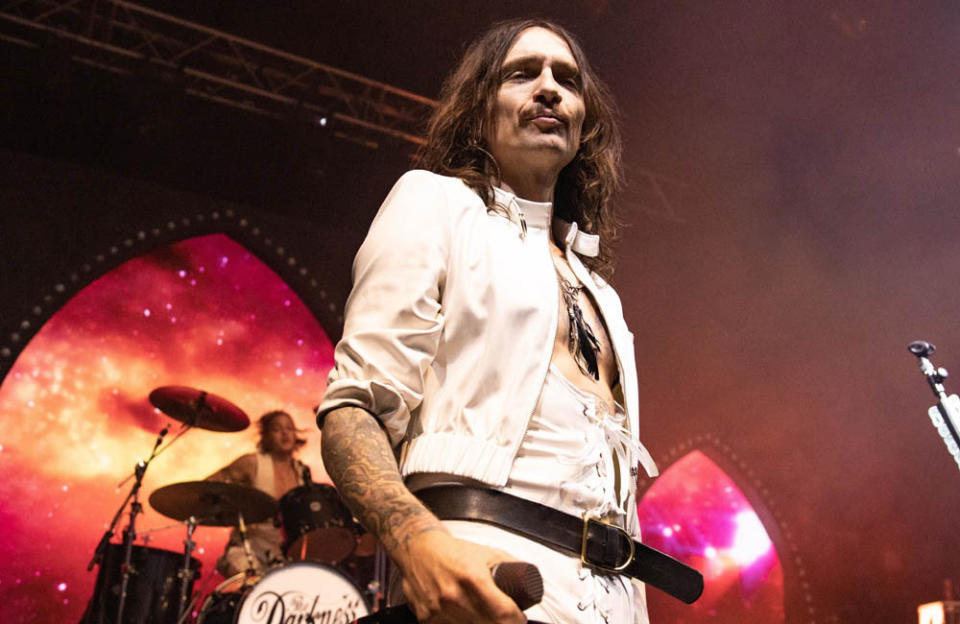 Justin Hawkins' stage jumping has left him injured credit:Bang Showbiz