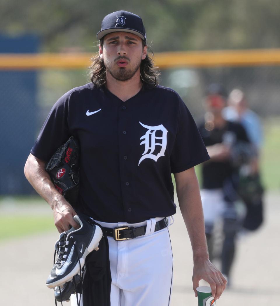 Detroit Tigers pitcher Alex Faedo walks to the fields  during spring training at TigerTown in Lakeland, Fla., on Thursday, Feb. 23, 2023.