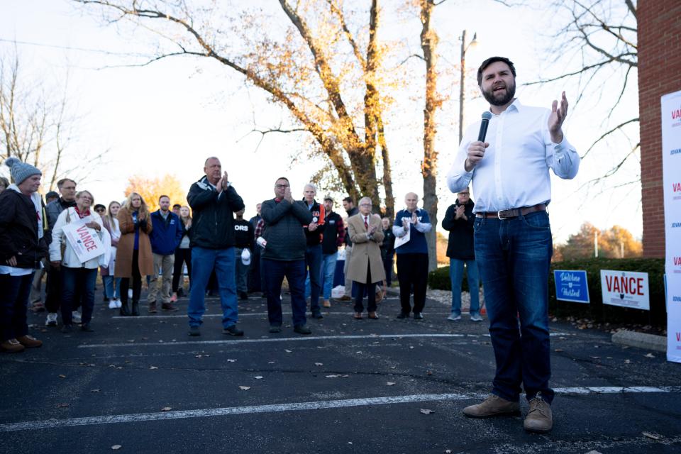 U.S. Senate candidate J.D. Vance speaks during a Hamilton County GOP event in Sharonville on Oct. 29.