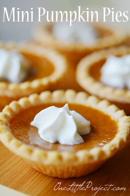 If you love butter tarts (and who doesn't love butter tarts?), why not try them out in pumpkin form for Thanksgiving?  <a href="http://onelittleproject.com/mini-pumpkin-pies/" target="_blank">Find the recipe at One Little Project</a>.