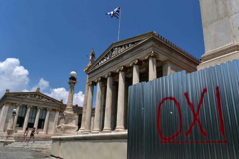 Graffiti urging a 'no' vote in the looming Greek referendum, photographed in Athens on July 1, 2015