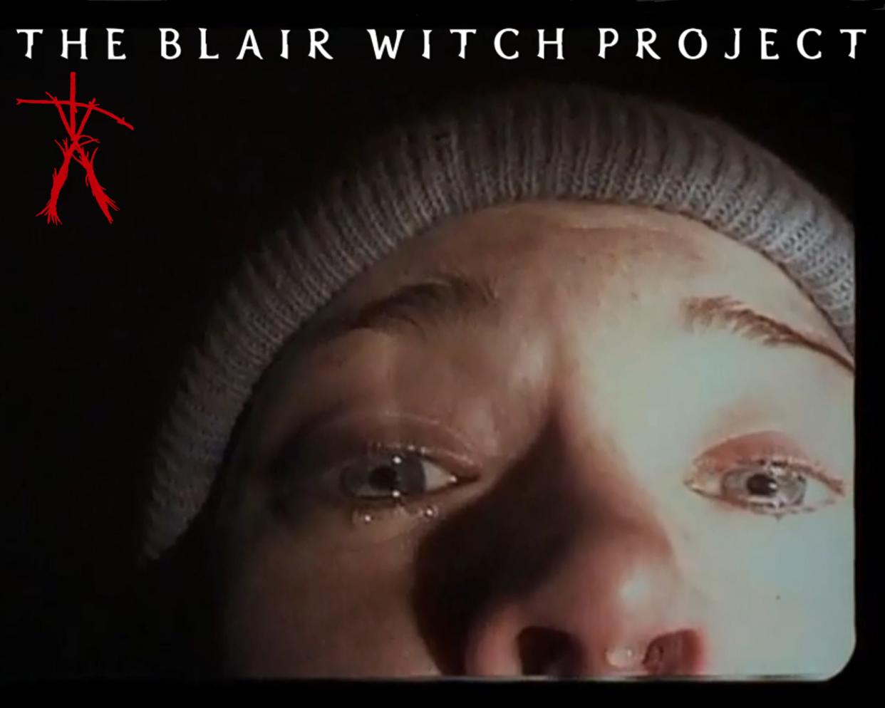 A promo image from “The Blair Witch Project" featuring a famous scene with Heather Donahue and her tears.