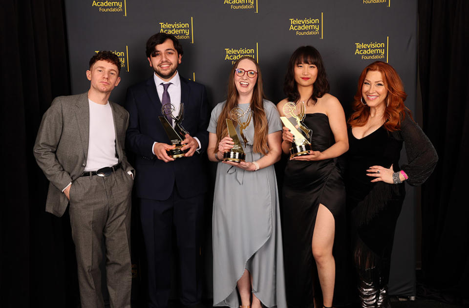 Chris Perfetti, far left, and Lisa Ann Walter, far right, pose with Kaan Berkant, Jennifer Baker and Yinghui Li, of Chapman University, winners of the comedy series award for Slobopoly, at the 43rd College Television Awards presented by the Television Academy Foundation in the Wolf Theatre at the Saban Media Center on Saturday, April 13, 2024, in North Hollywood, CA.