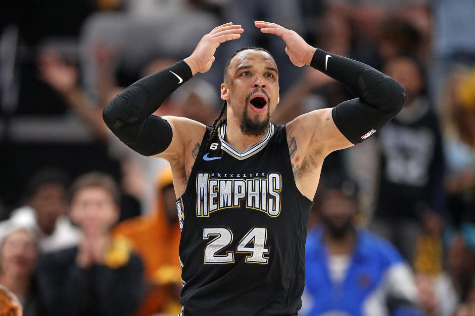 MEMPHIS, TENNESSEE - APRIL 19: Dillon Brooks #24 of the Memphis Grizzlies reacts against the Los Angeles Lakers during the second half of Game Two of the Western Conference First Round Playoffs at FedExForum on April 16, 2023 in Memphis, Tennessee. NOTE TO USER: User expressly acknowledges and agrees that, by downloading and or using this photograph, User is consenting to the terms and conditions of the Getty Images License Agreement. 
at FedExForum on April 19, 2023 in Memphis, Tennessee. (Photo by Justin Ford/Getty Images)