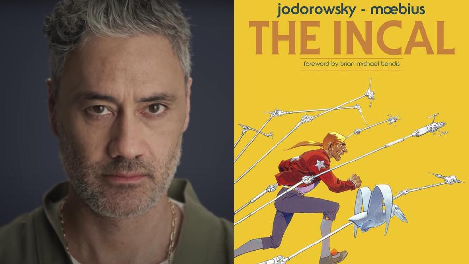 Taika Waititi next to a cover of the graphic novel The Incal