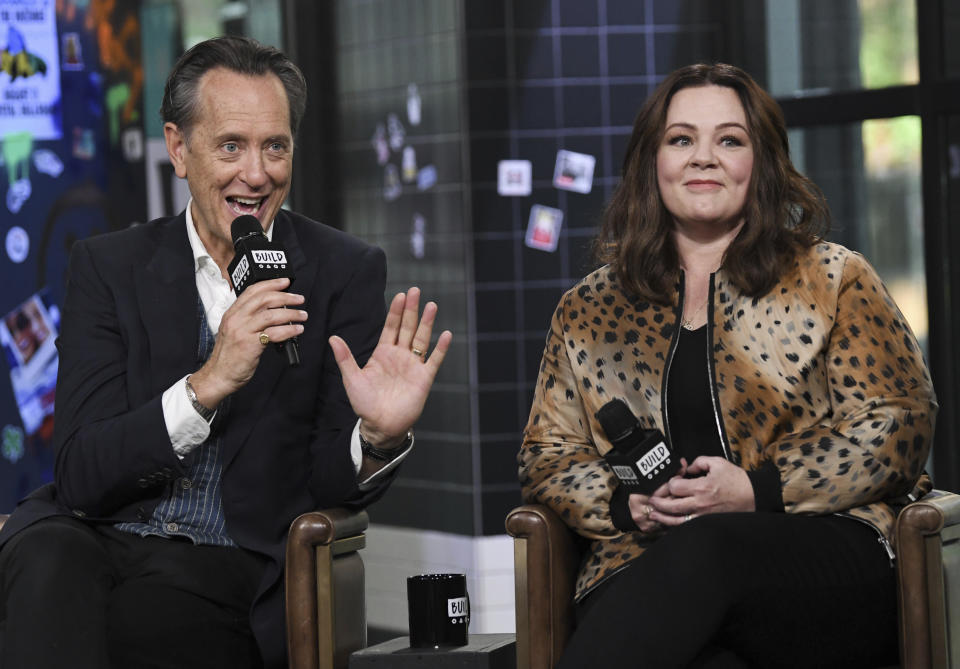 Actors Richard E. Grant, left, and Melissa McCarthy participate in the BUILD Speaker Series to discuss the film "Can You Ever Forgive Me?" at AOL Studios on Tuesday, Oct. 16, 2018, in New York. (Photo by Evan Agostini/Invision/AP)