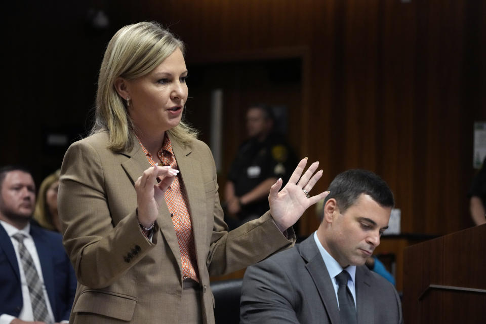 Oakland County Prosecuting Attorney Karen McDonald talks before Judge Kwame Rowe in court, Friday, July 28, 2023, in Pontiac, Mich. Prosecutors are making their case that the Michigan teenager should be sentenced to life in prison for killing four students at his high school in 2021. Prosecutors introduced dark journal entries written by Ethan Crumbley, plus chilling video and testimony from a wounded staff member. (AP Photo/Carlos Osorio)