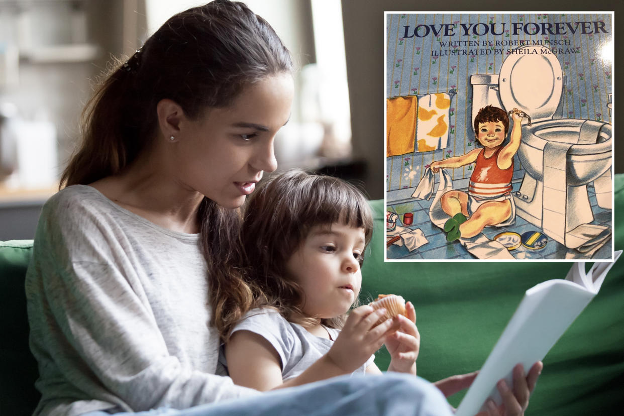 (Main) A mother and child reading. (Inset) Book artwork of Robert Munsch's children's book 