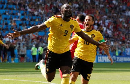 Soccer Football - World Cup - Group G - Belgium vs Tunisia - Spartak Stadium, Moscow, Russia - June 23, 2018 Belgium's Romelu Lukaku celebrates with Eden Hazard after scoring their second goal REUTERS/Grigory Dukor