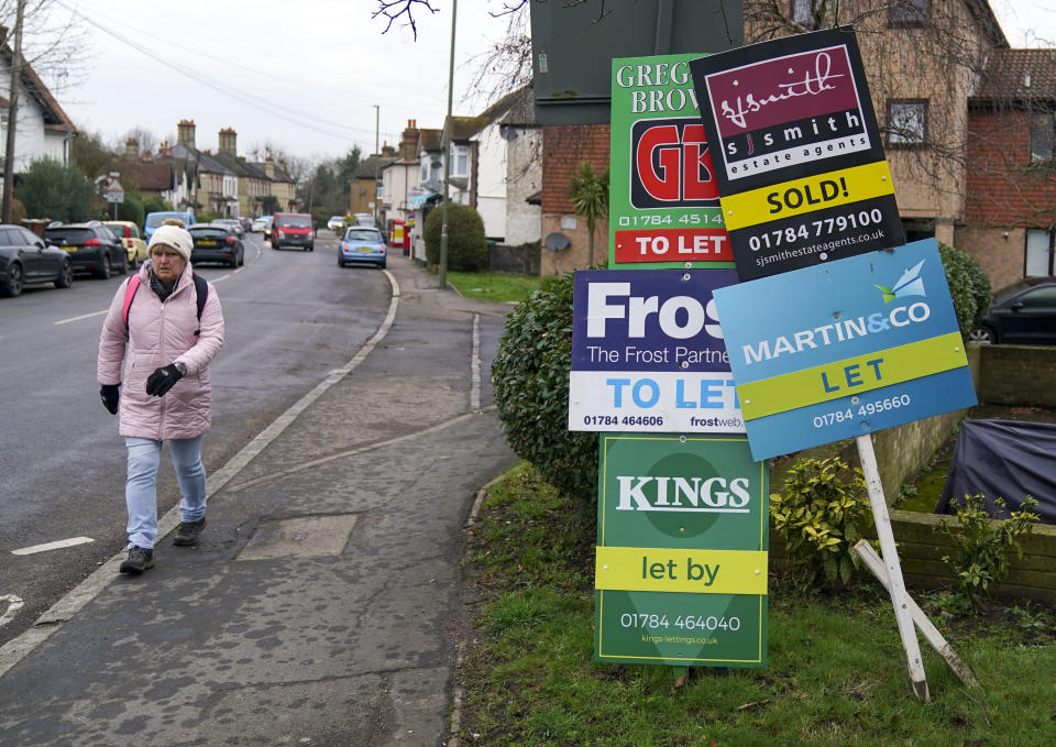 A general view of estate agent boards outside a property in Staines-upon-Thames in Surrey. Picture date: Monday January 10, 2022. (Photo by Steve Parsons/PA Images via Getty Images)