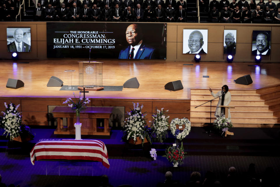 Maya Rockeymoore Cummings speaks during funeral services for her husband, the late U.S. Rep. Elijah Cummings, Friday, Oct. 25, 2019, in Baltimore. The Maryland congressman and civil rights champion died Thursday, Oct. 17, at age 68 of complications from long-standing health issues. (AP Photo/Julio Cortez, Pool)