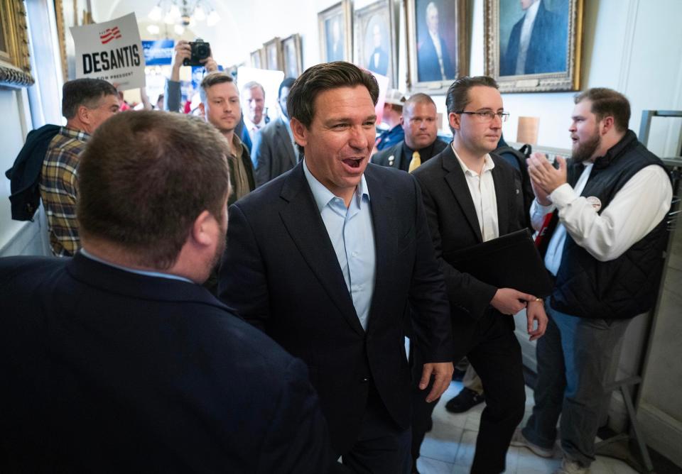 Republican presidential candidate Ron DeSantis greeting supporters outside of the New Hampshire Secretary of State offices after he filed paperwork at the New Hampshire State House to get on the New Hampshire 2024 Republican presidential primary ballot.
