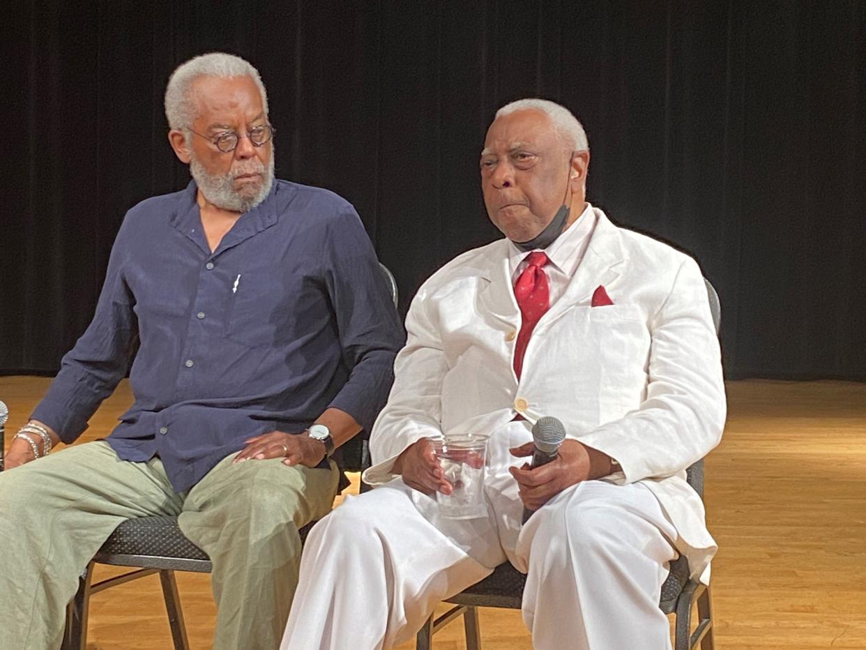 Playwright Bill Harris and producer-director Woodie King, Jr. address the audience during Broadway Comes Home to Detroit at the Charles H. Wright Museum of African American History.