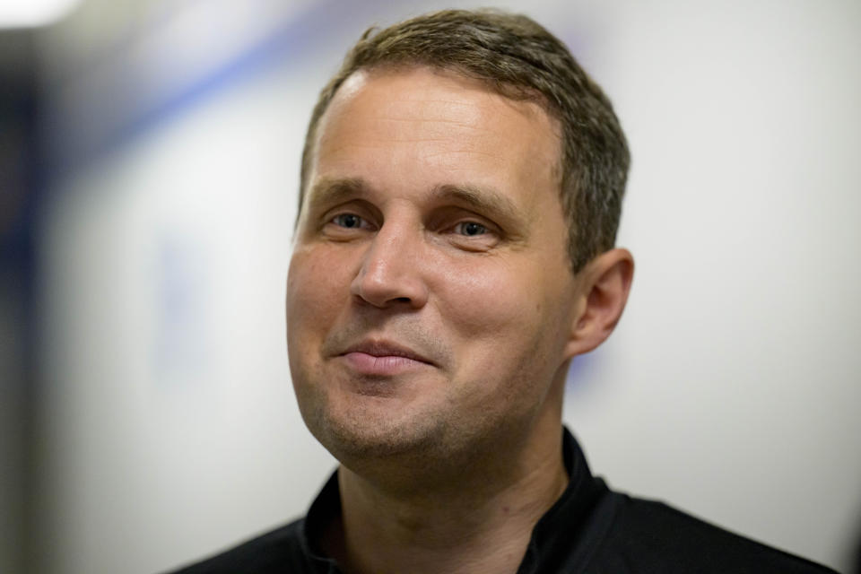 McNeese State coach Will Wade smiles during an interview after the team's vctory in an NCAA college basketball game against New Orleans in New Orleans, Wednesday, March 6, 2024. Wade was suspended for the first 10 games of the 2023–24 season by the NCAA but the team went to a 28-3 record and finished first in the Southland Conference. (AP Photo/Matthew Hinton)