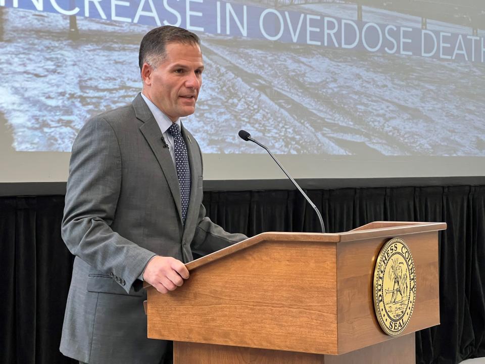 Dutchess County Executive Marc Molinaro presents the 2022 executive budget at the Dutchess Community College Aviation Center in the Town of Wappinger Wednesday.